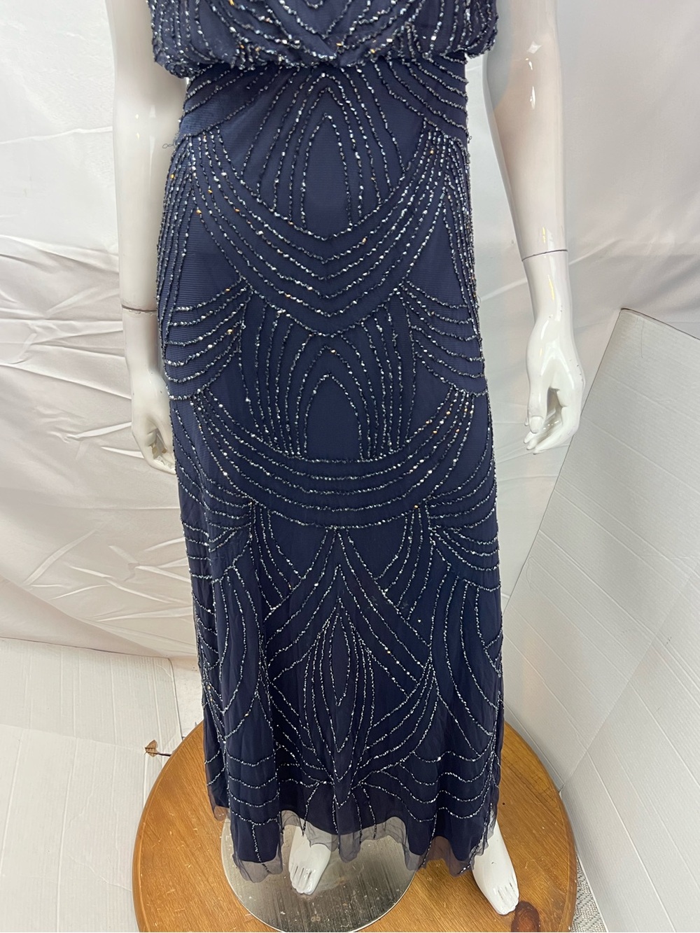 Adrianna Papell Women’s 2 Long Blue Beaded Formal Gown Dress Art Deco Evening - Picture 5 of 10